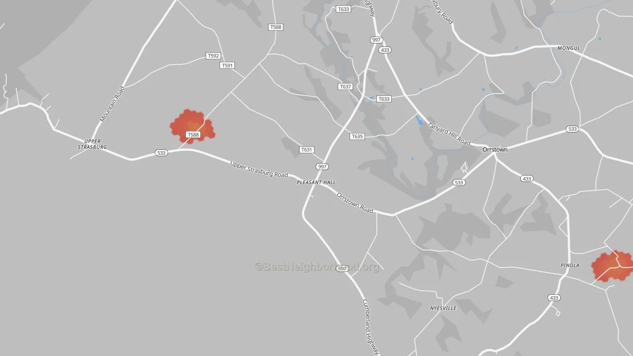 Walk Grade map of Pleasant Hall, PA, walkable areas in green and car-dependent areas in red