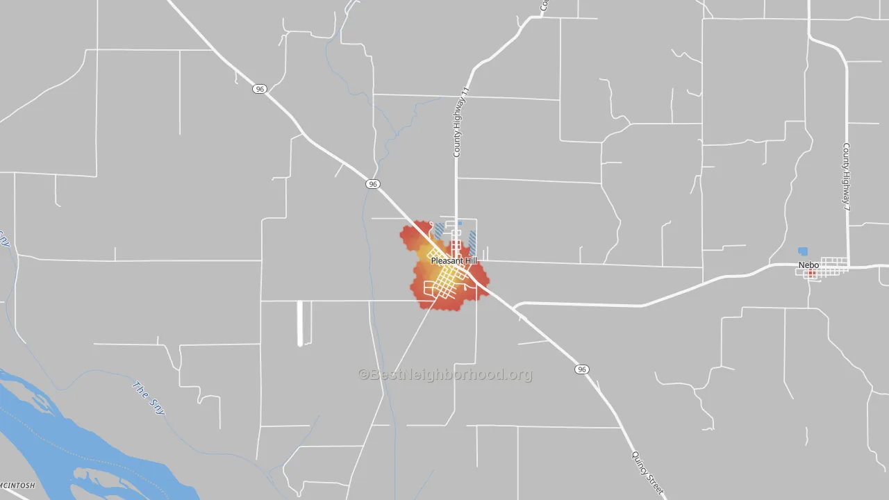 Walk Grade map of Pleasant Hill, IL, walkable areas in green and car-dependent areas in red