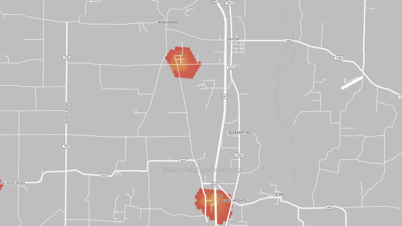 Walk Grade map of Pleasant Hill, KY, walkable areas in green and car-dependent areas in red