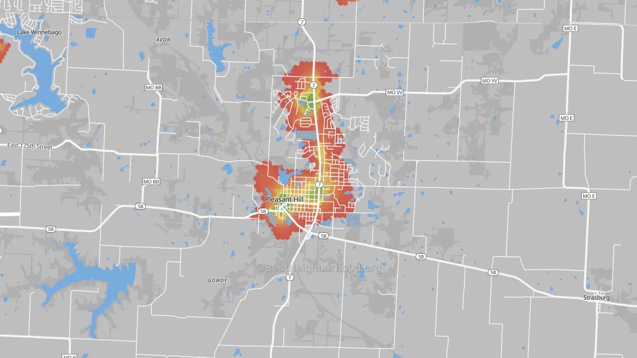 Walk Grade map of Pleasant Hill, MO, walkable areas in green and car-dependent areas in red
