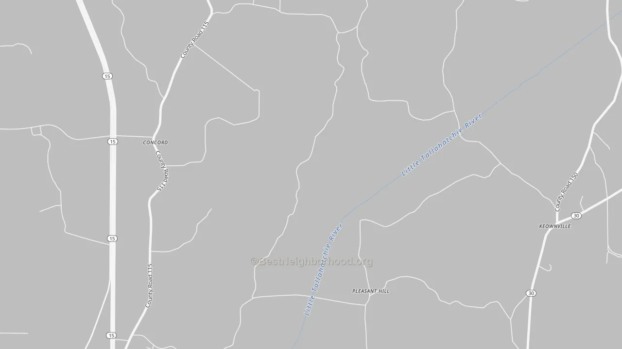 Walk Grade map of Pleasant Hill, MS, walkable areas in green and car-dependent areas in red