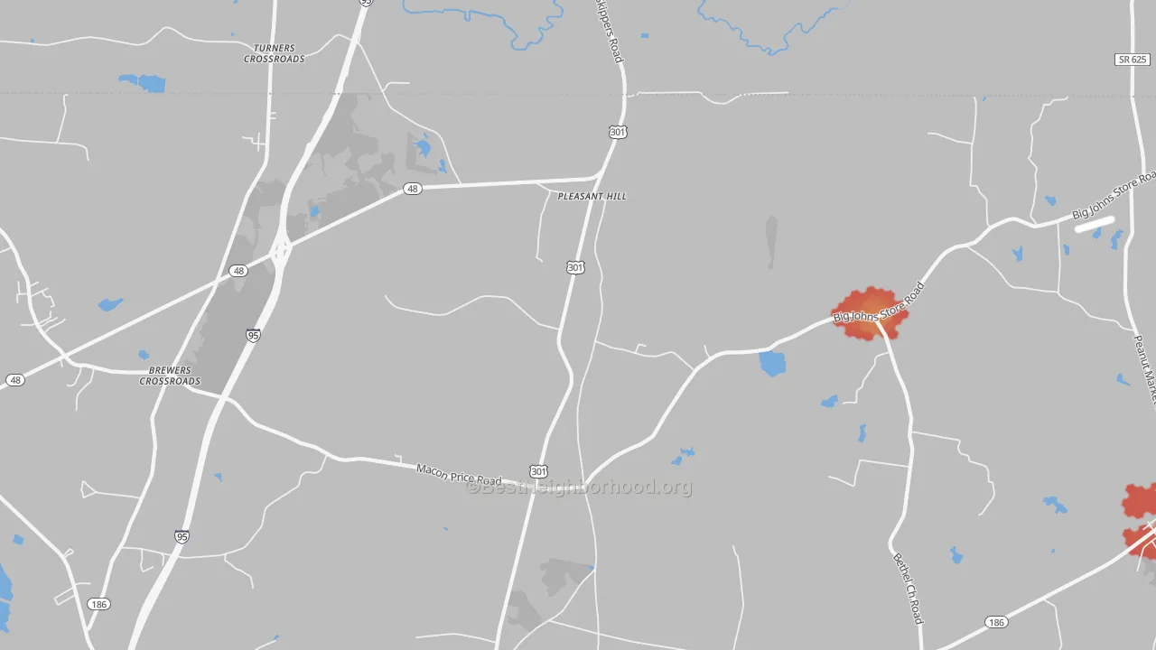 Walk Grade map of Pleasant Hill, NC, walkable areas in green and car-dependent areas in red