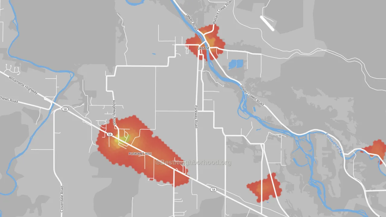 Walk Grade map of Pleasant Hill, OR, walkable areas in green and car-dependent areas in red
