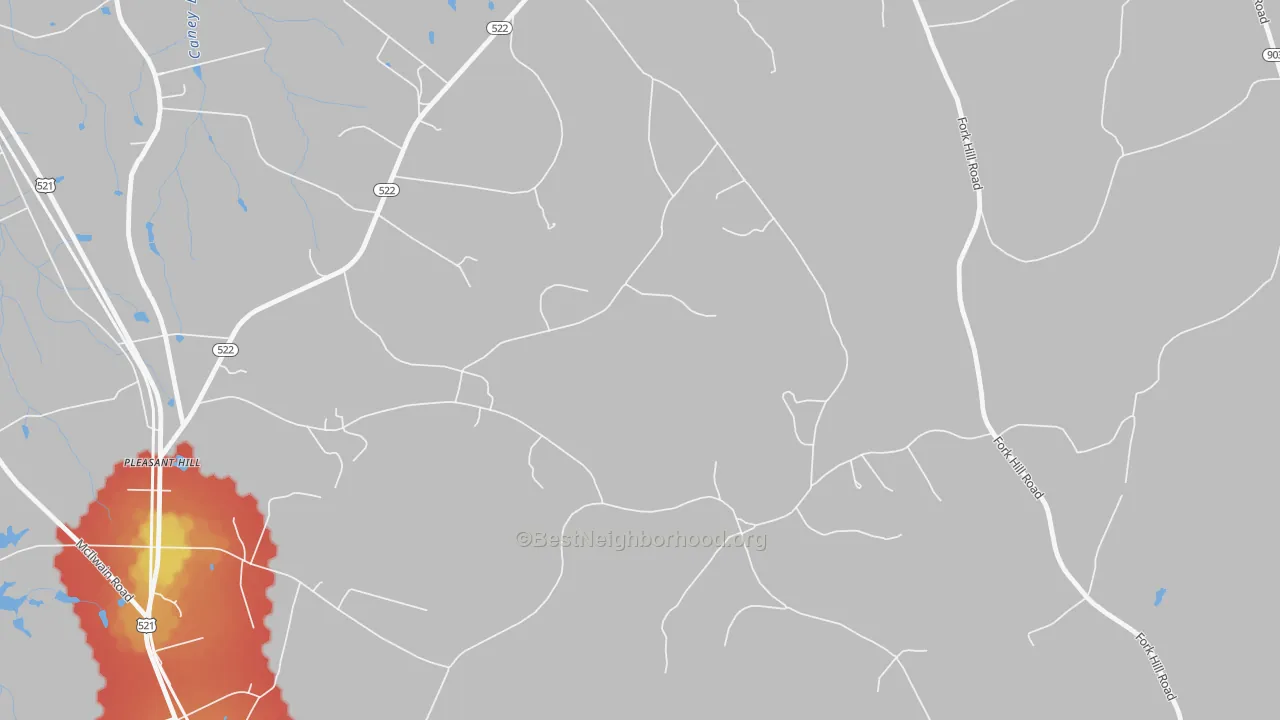 Walk Grade map of Pleasant Hill, SC, walkable areas in green and car-dependent areas in red