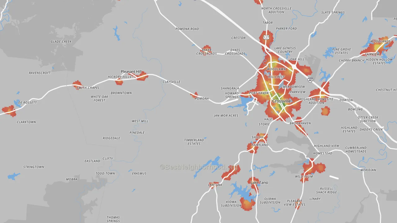 Walk Grade map of Pleasant Hill, TN, walkable areas in green and car-dependent areas in red