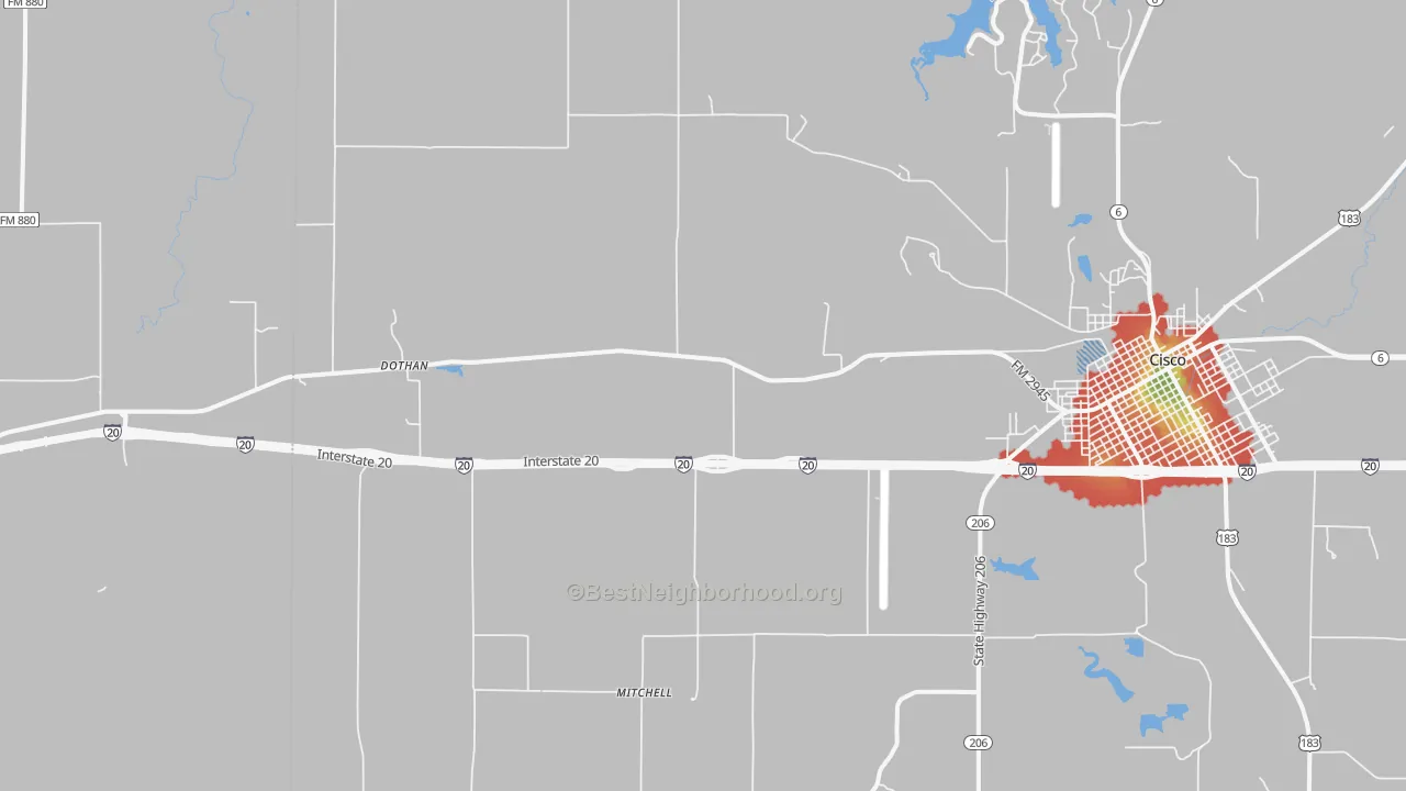 Walk Grade map of Pleasant Hill, TX, walkable areas in green and car-dependent areas in red