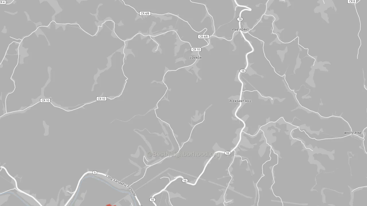 Walk Grade map of Pleasant Hill, WV, walkable areas in green and car-dependent areas in red