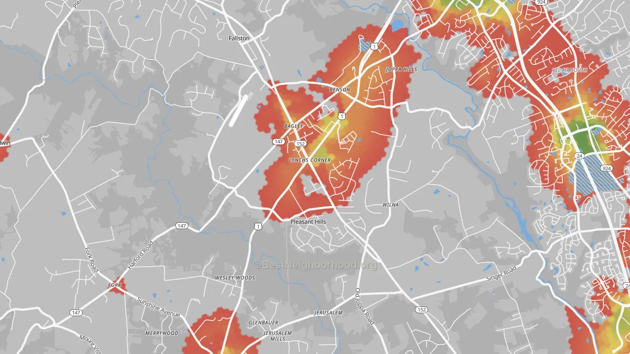 Walk Grade map of Pleasant Hills, MD, walkable areas in green and car-dependent areas in red