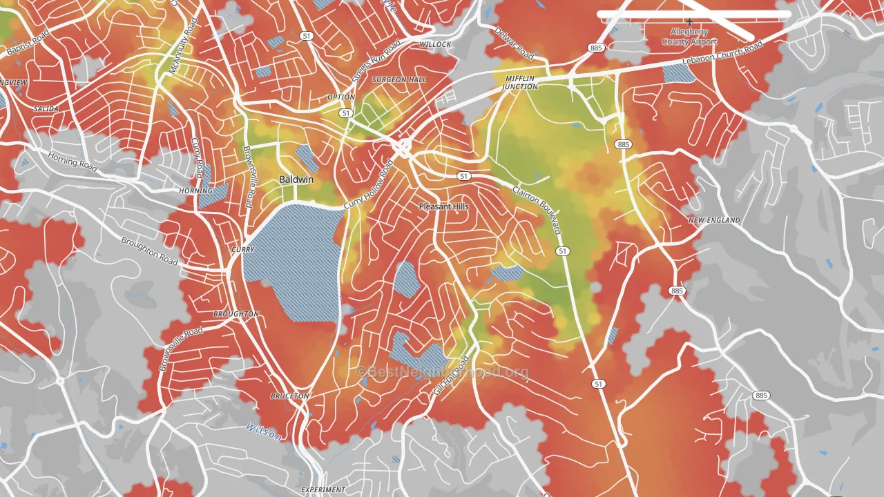 Walk Grade map of Pleasant Hills, PA, walkable areas in green and car-dependent areas in red