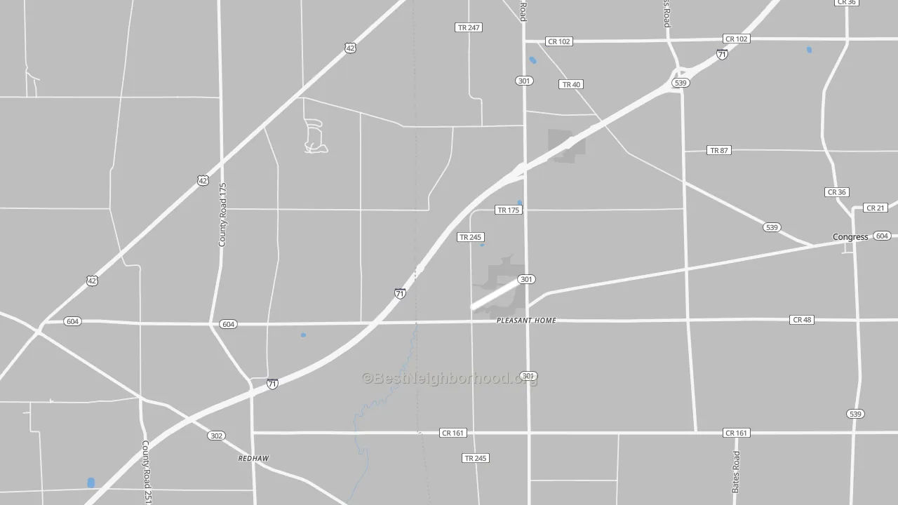 Walk Grade map of Pleasant Home, OH, walkable areas in green and car-dependent areas in red