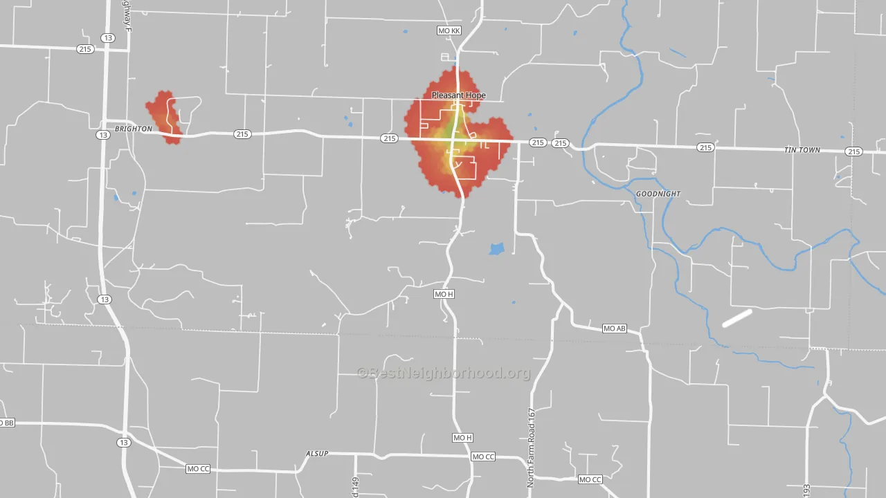 Walk Grade map of Pleasant Hope, MO, walkable areas in green and car-dependent areas in red