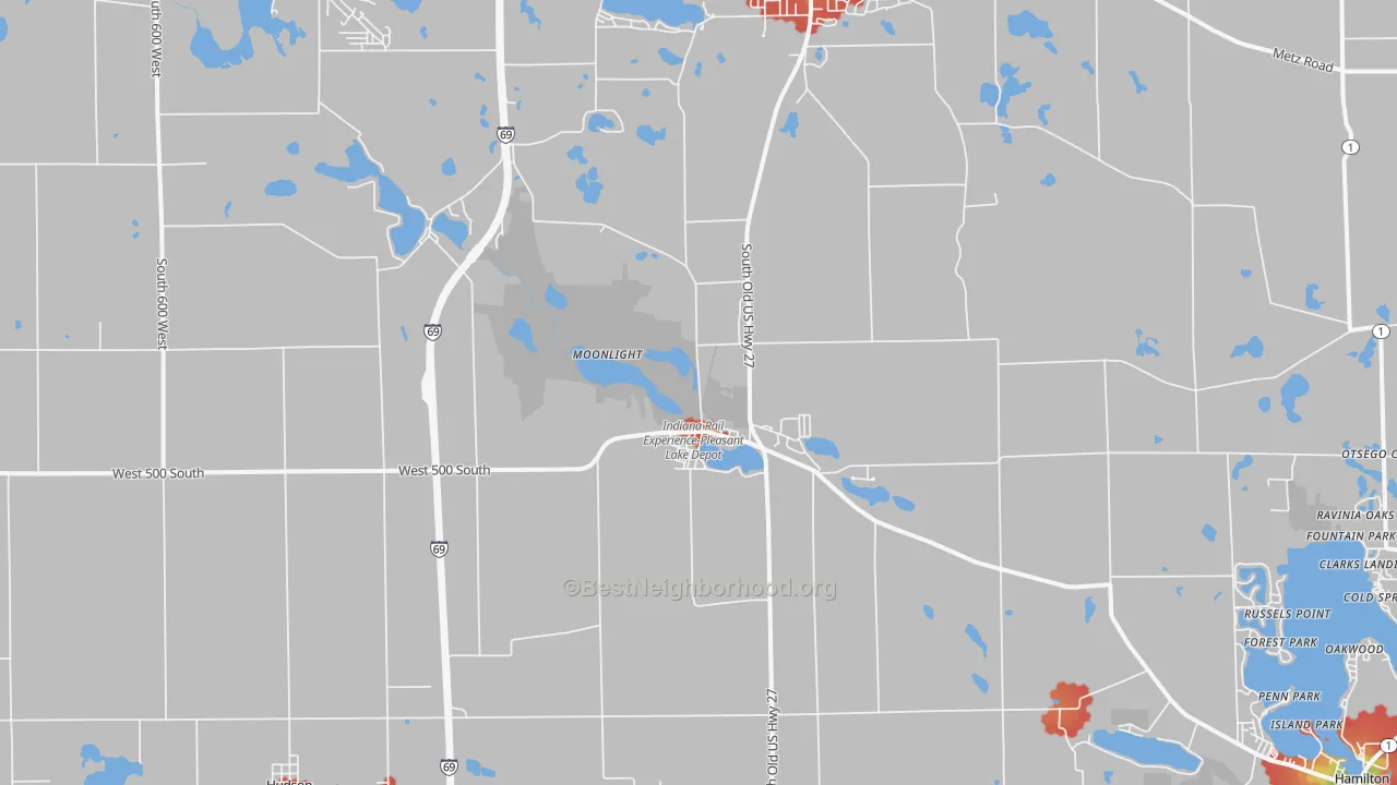 Walk Grade map of Pleasant Lake, IN, walkable areas in green and car-dependent areas in red