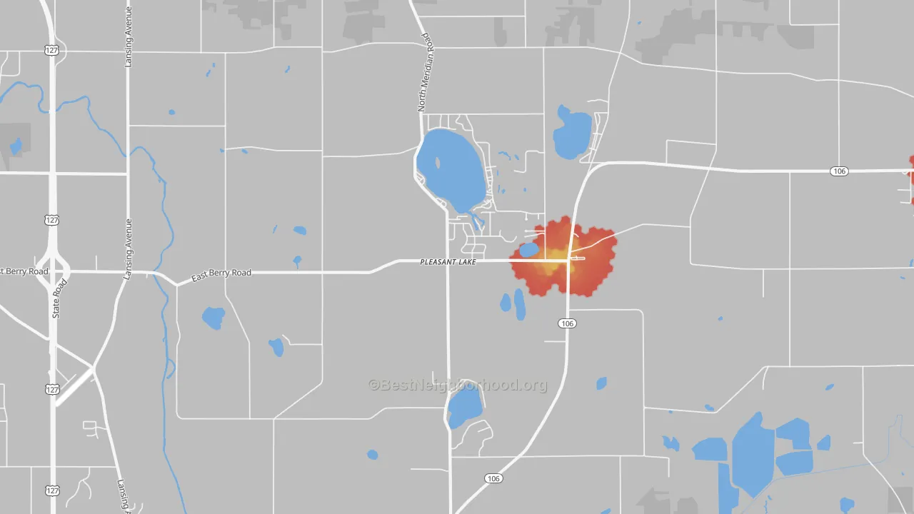 Walk Grade map of Pleasant Lake, MI, walkable areas in green and car-dependent areas in red