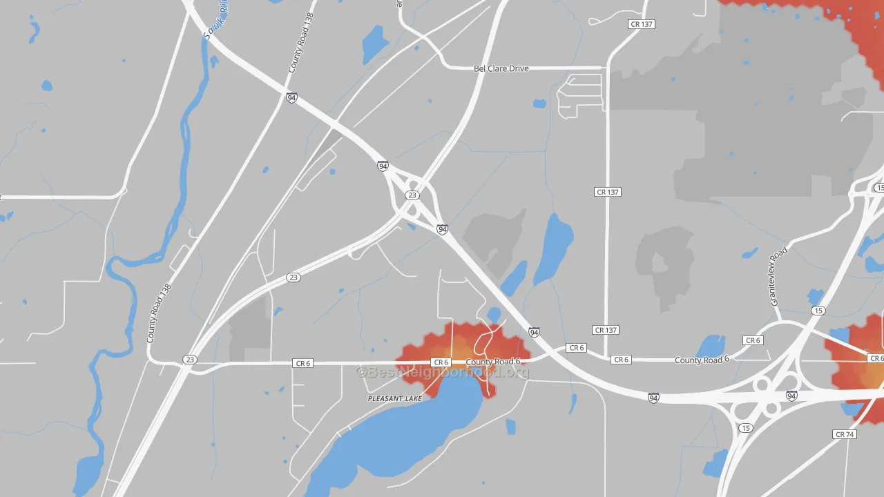 Walk Grade map of Pleasant Lake, MN, walkable areas in green and car-dependent areas in red