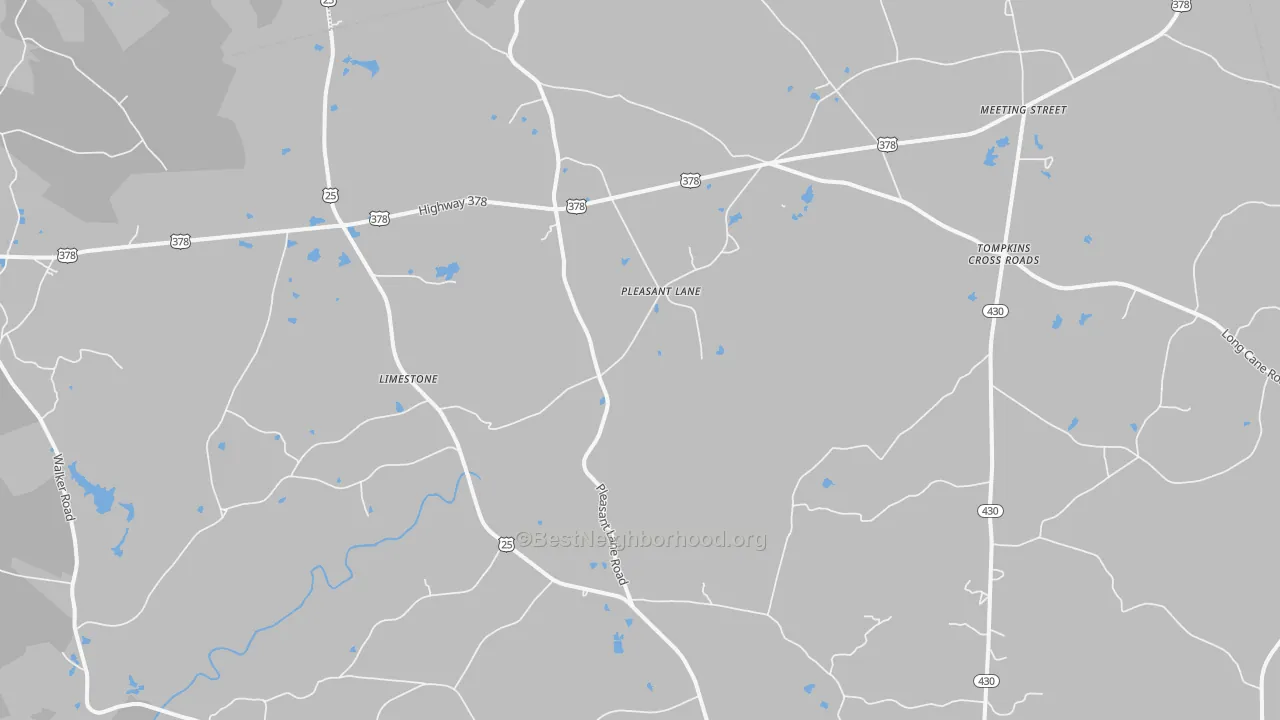 Walk Grade map of Pleasant Lane, SC, walkable areas in green and car-dependent areas in red
