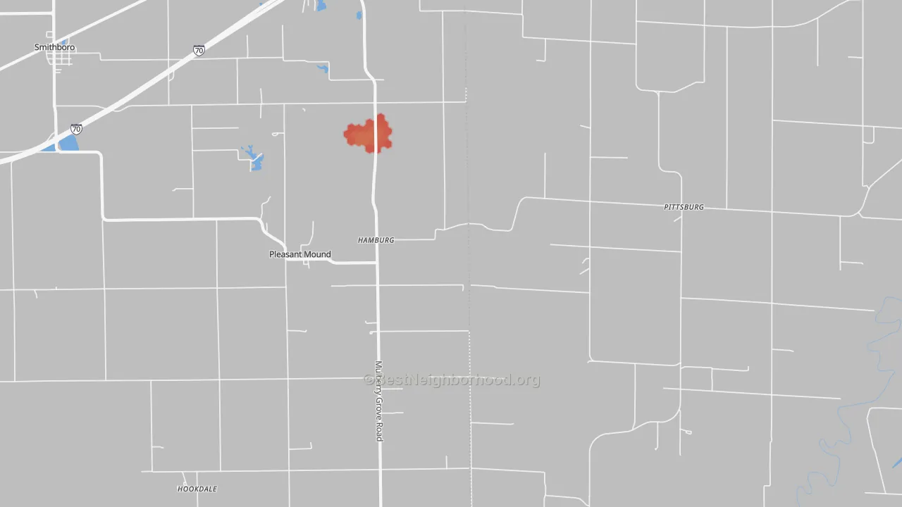 Walk Grade map of Pleasant Mound, IL, walkable areas in green and car-dependent areas in red