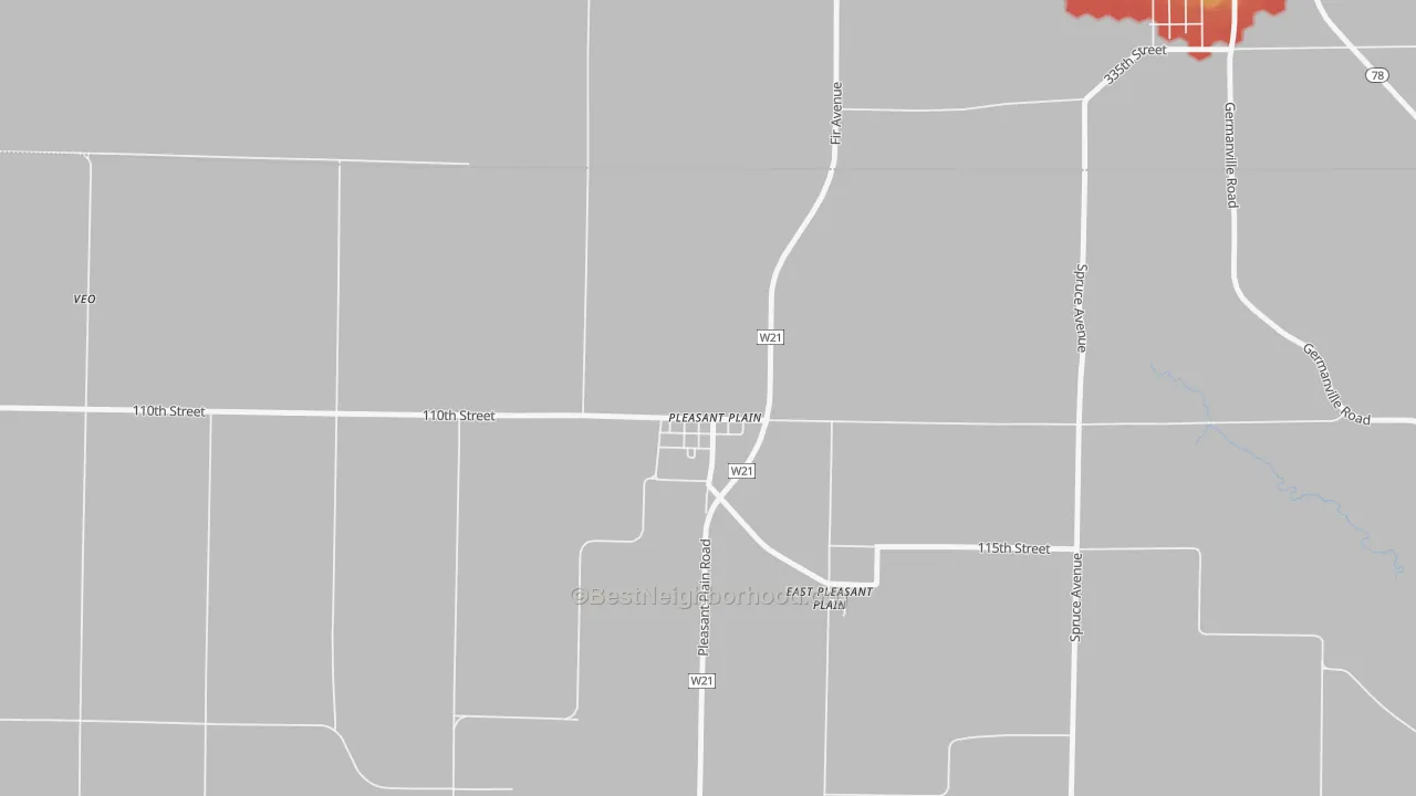 Walk Grade map of Pleasant Plain, IA, walkable areas in green and car-dependent areas in red