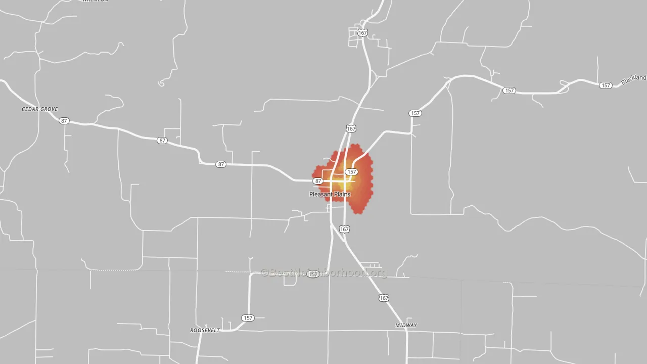 Walk Grade map of Pleasant Plains, AR, walkable areas in green and car-dependent areas in red
