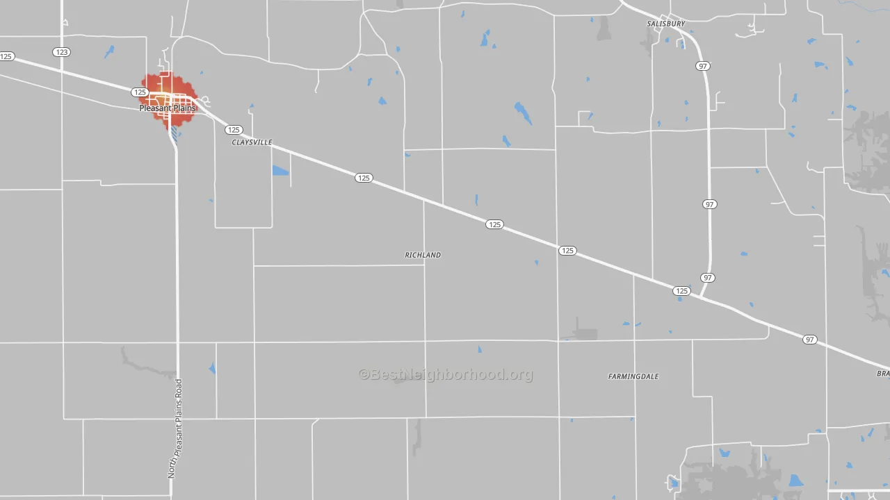 Walk Grade map of Pleasant Plains, IL, walkable areas in green and car-dependent areas in red