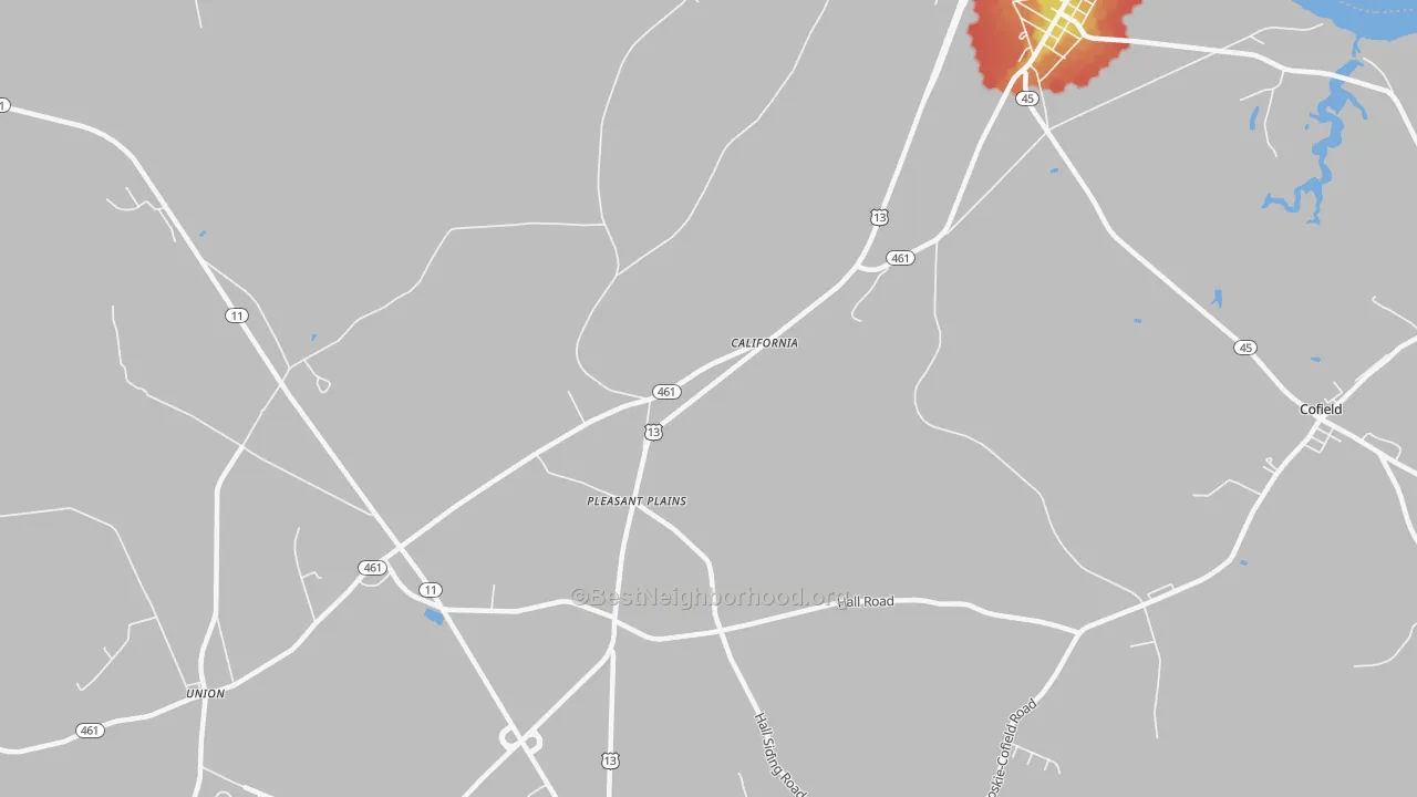 Walk Grade map of Pleasant Plains, NC, walkable areas in green and car-dependent areas in red