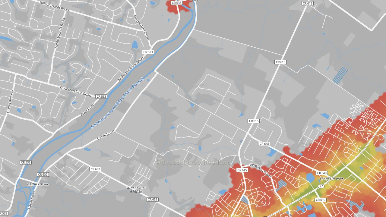 Walk Grade map of Pleasant Plains, NJ, walkable areas in green and car-dependent areas in red