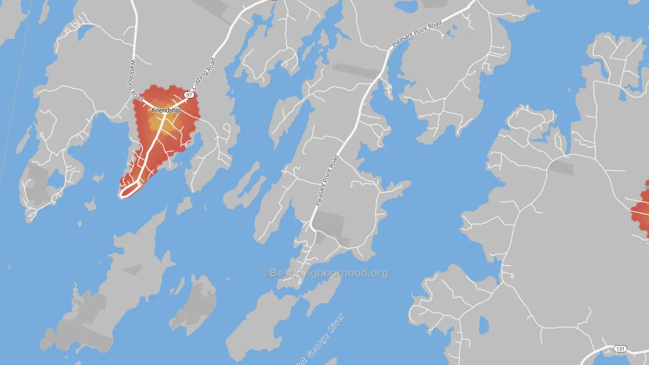 Walk Grade map of Pleasant Point, ME, walkable areas in green and car-dependent areas in red