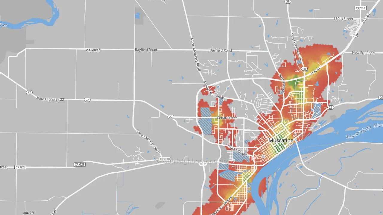 Walk Grade map of Pleasant Prairie, IA, walkable areas in green and car-dependent areas in red