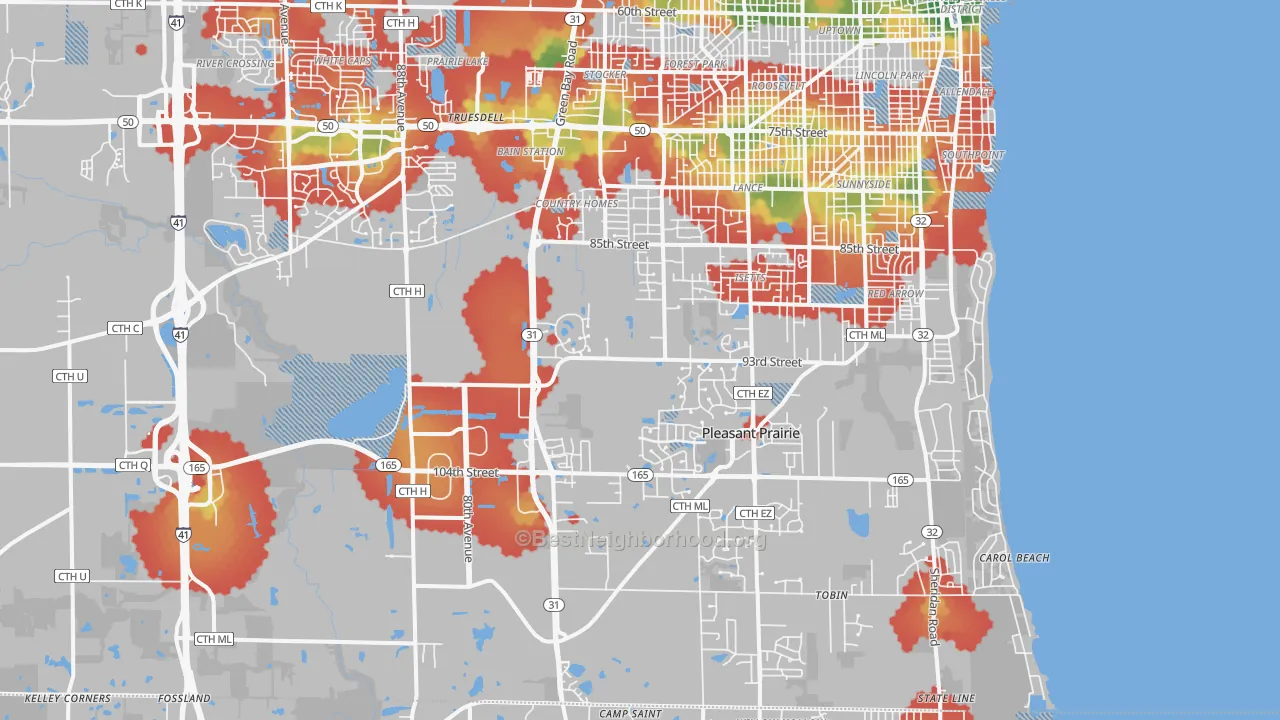 Walk Grade map of Pleasant Prairie, WI, walkable areas in green and car-dependent areas in red