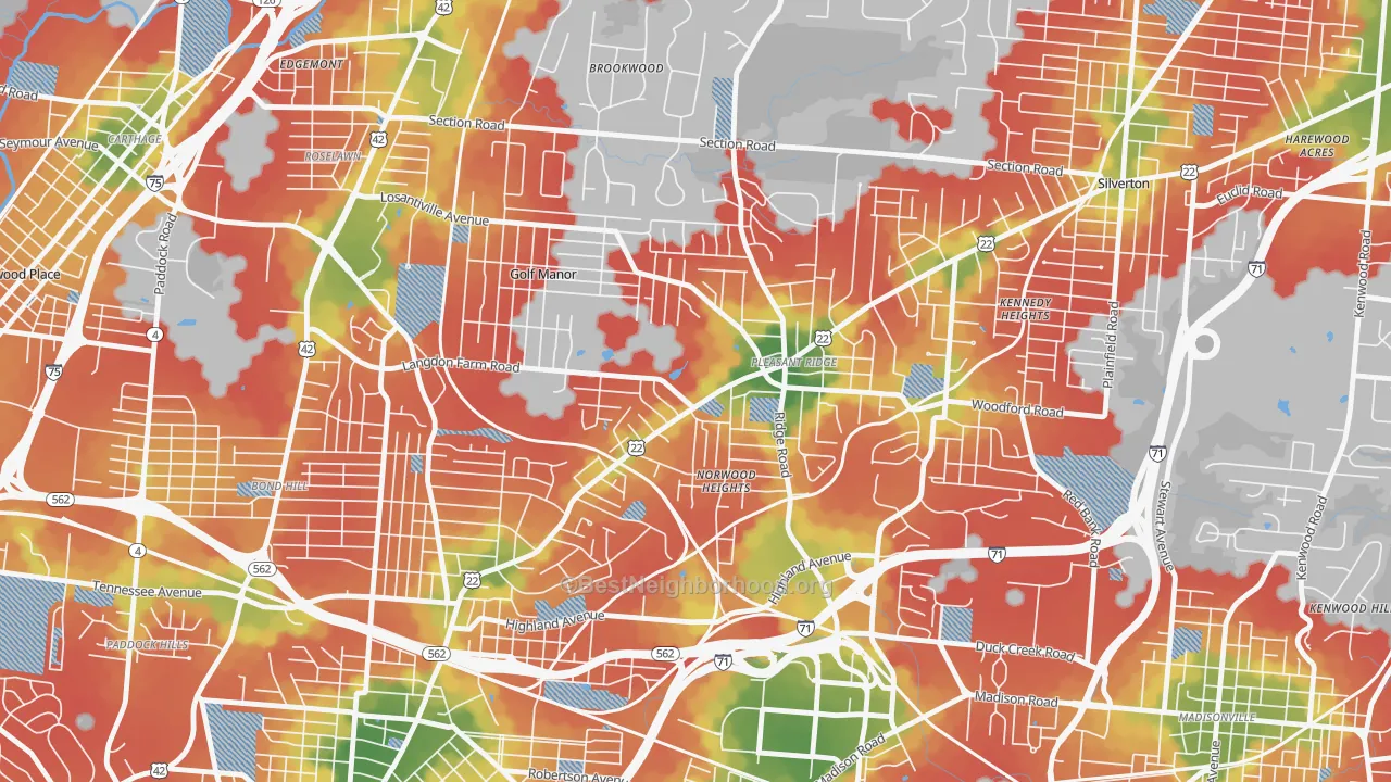 Walk Grade map of Pleasant Ridge, Cincinnati, OH, walkable areas in green and car-dependent areas in red