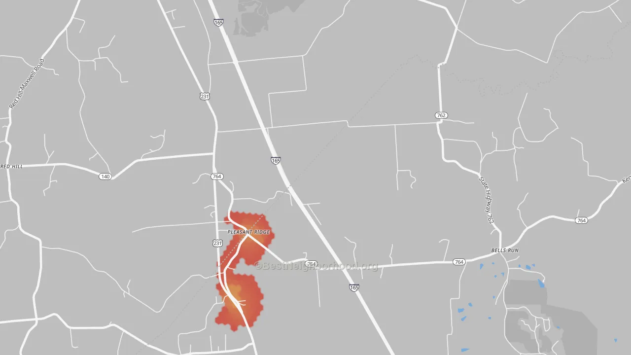 Walk Grade map of Pleasant Ridge, KY, walkable areas in green and car-dependent areas in red