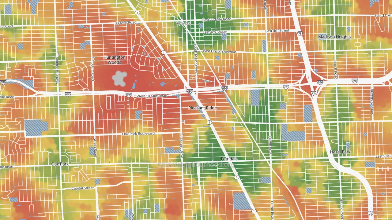 Walk Grade map of Pleasant Ridge, MI, walkable areas in green and car-dependent areas in red