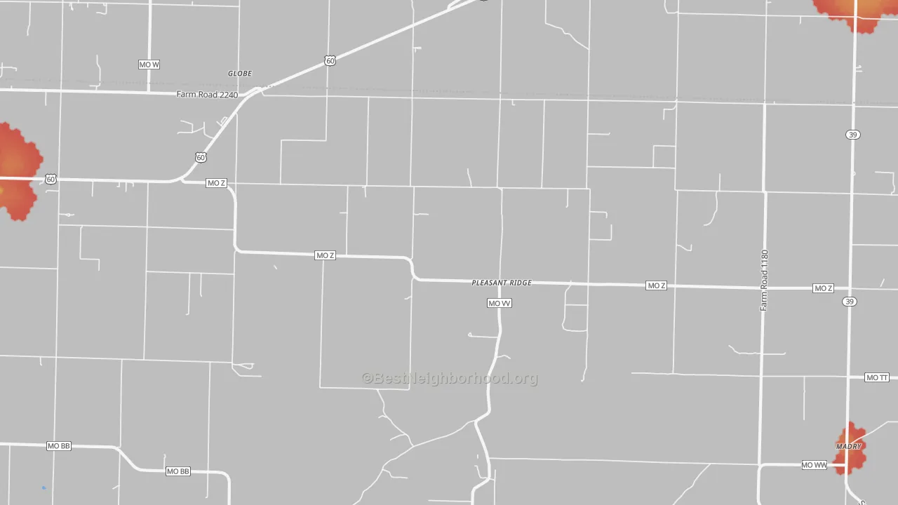 Walk Grade map of Pleasant Ridge, MO, walkable areas in green and car-dependent areas in red