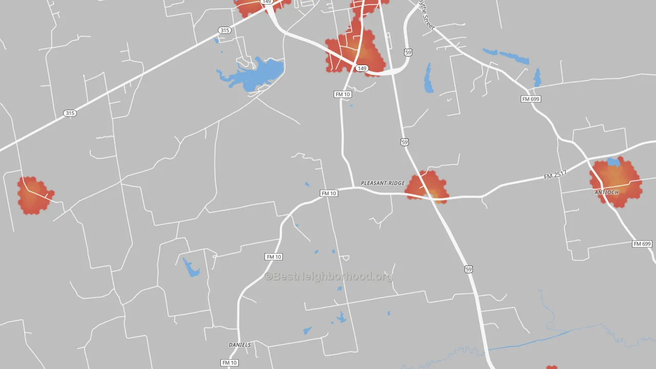 Walk Grade map of Pleasant Ridge, TX, walkable areas in green and car-dependent areas in red