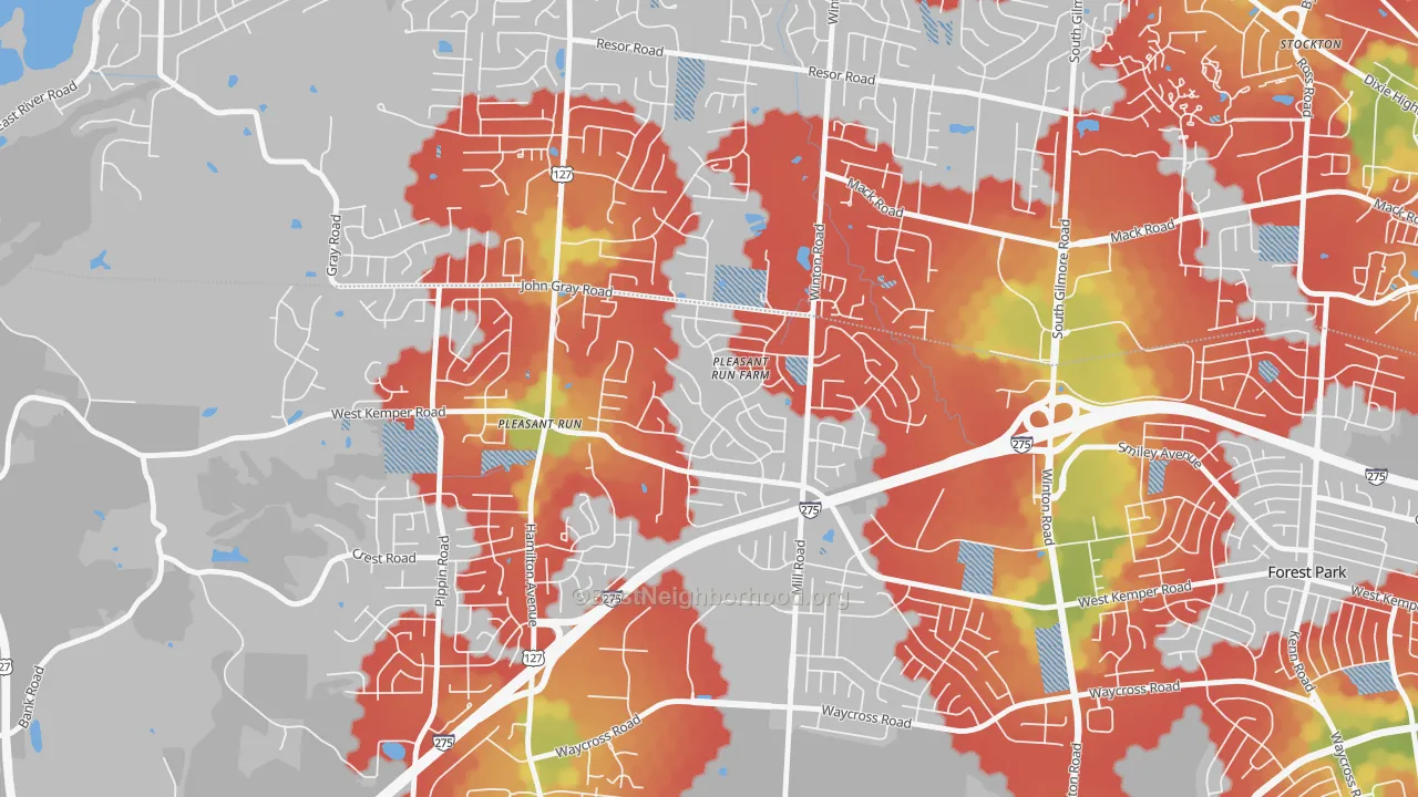 Walk Grade map of Pleasant Run Farm, Cincinnati, OH, walkable areas in green and car-dependent areas in red