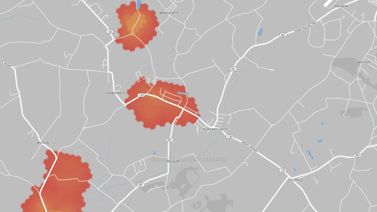 Walk Grade map of Pleasant Unity, PA, walkable areas in green and car-dependent areas in red