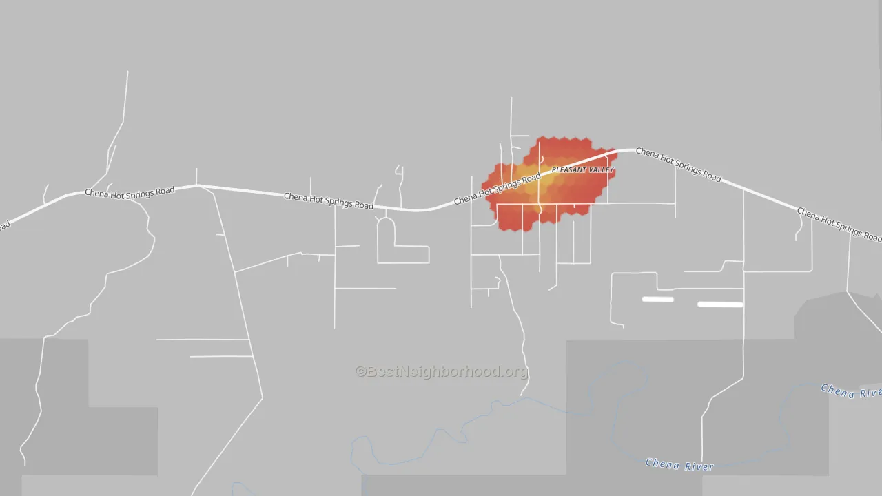 Walk Grade map of Pleasant Valley, AK, walkable areas in green and car-dependent areas in red
