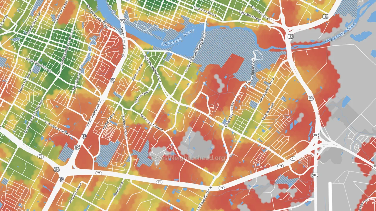 Walk Grade map of Pleasant Valley, Austin, TX, walkable areas in green and car-dependent areas in red