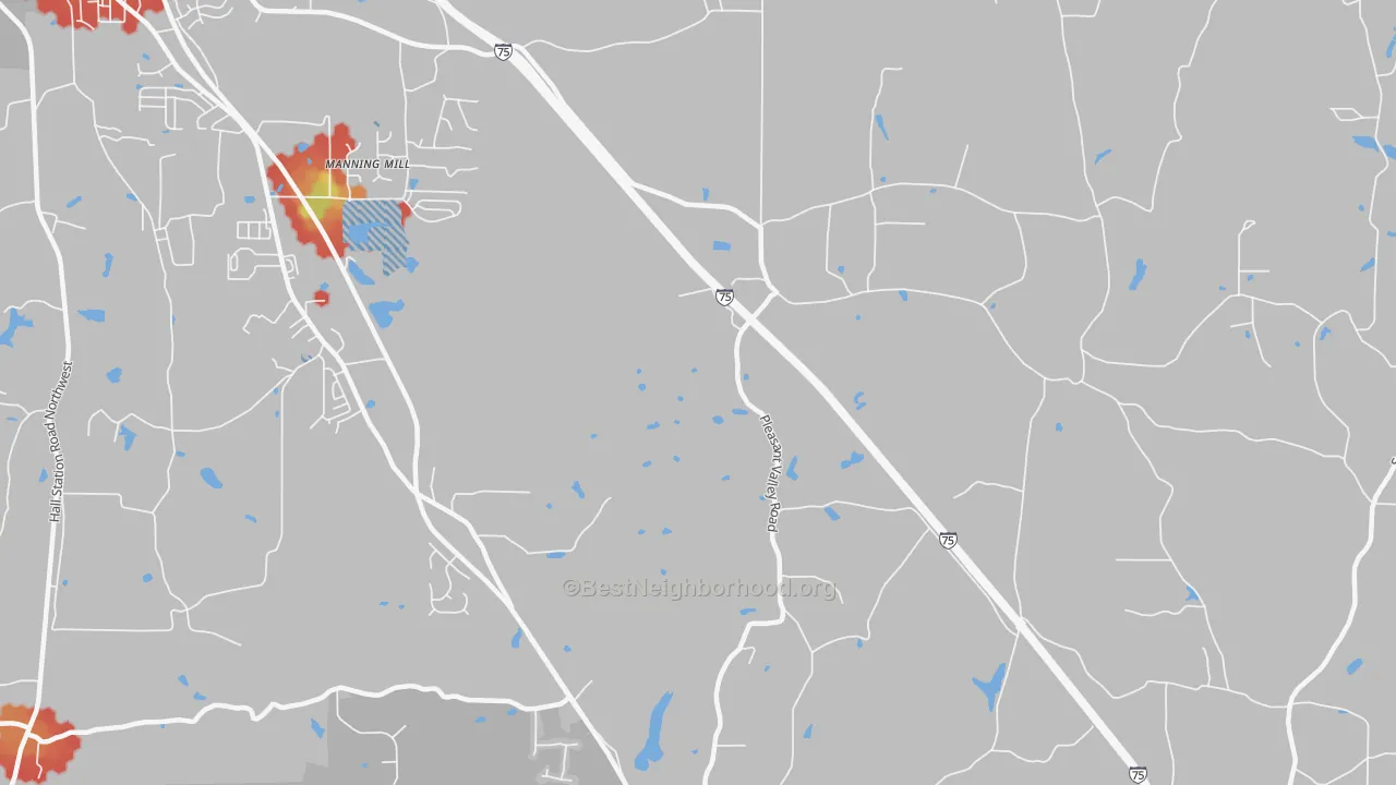 Walk Grade map of Pleasant Valley, GA, walkable areas in green and car-dependent areas in red