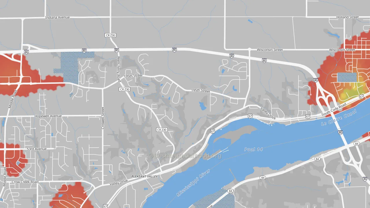 Walk Grade map of Pleasant Valley, IA, walkable areas in green and car-dependent areas in red