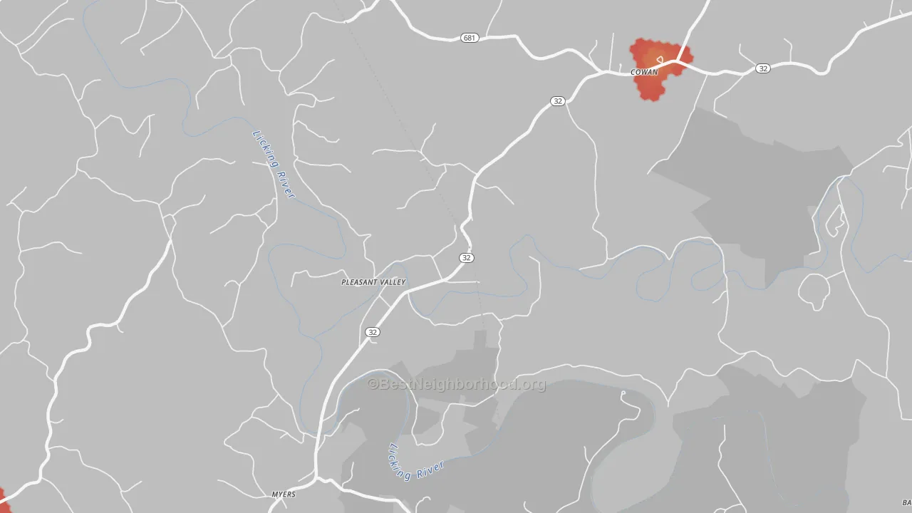 Walk Grade map of Pleasant Valley, KY, walkable areas in green and car-dependent areas in red