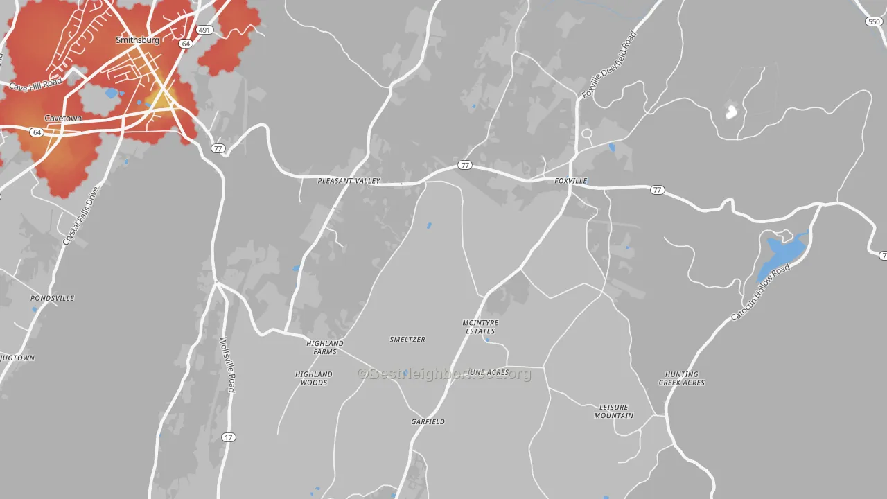 Walk Grade map of Pleasant Valley, MD, walkable areas in green and car-dependent areas in red