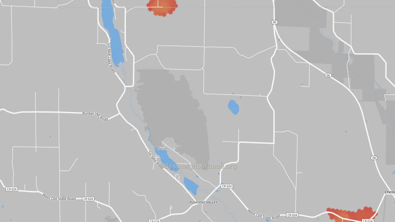Walk Grade map of Pleasant Valley, MI, walkable areas in green and car-dependent areas in red
