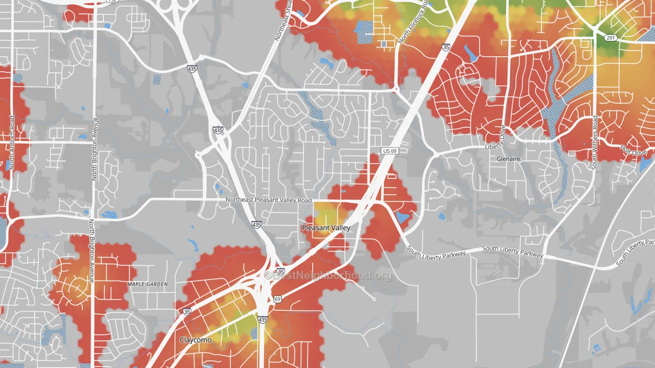 Walk Grade map of Pleasant Valley, MO, walkable areas in green and car-dependent areas in red