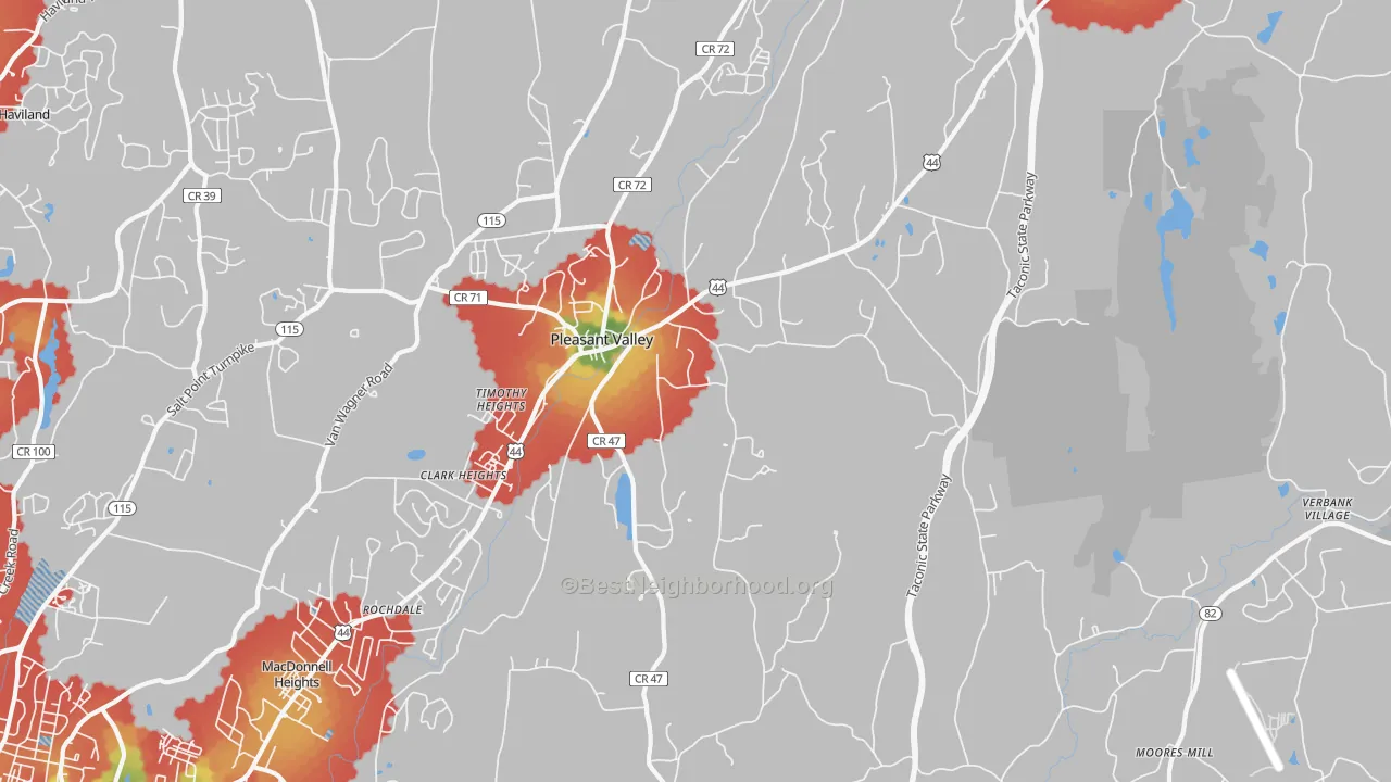 Walk Grade map of Pleasant Valley, NY, walkable areas in green and car-dependent areas in red