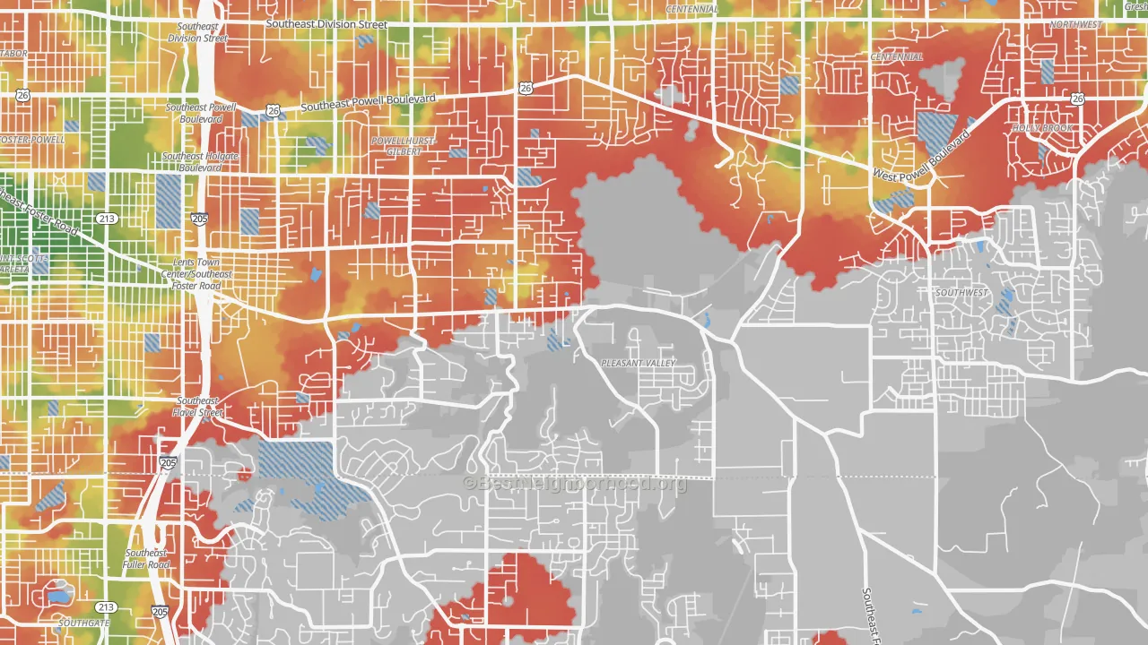 Walk Grade map of Pleasant Valley, Portland, OR, walkable areas in green and car-dependent areas in red