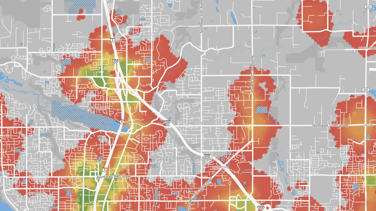 Walk Grade map of Pleasant Valley, Vancouver, WA, walkable areas in green and car-dependent areas in red