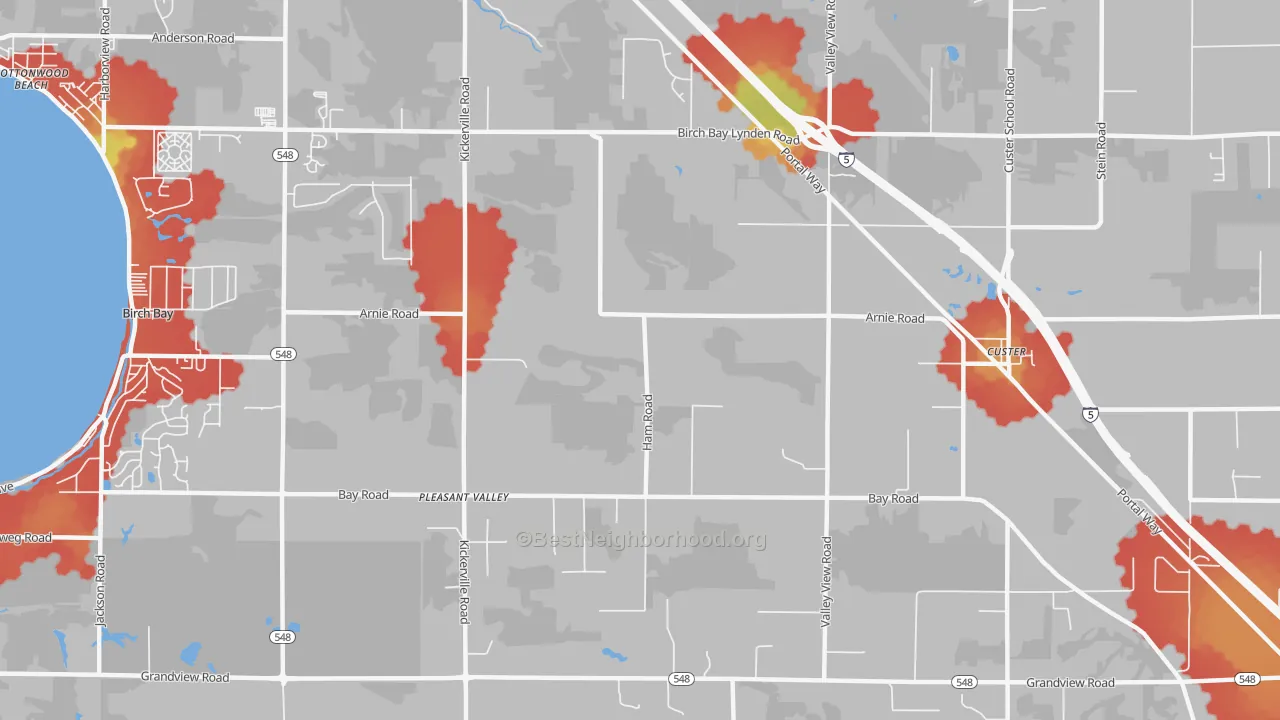 Walk Grade map of Pleasant Valley, WA, walkable areas in green and car-dependent areas in red