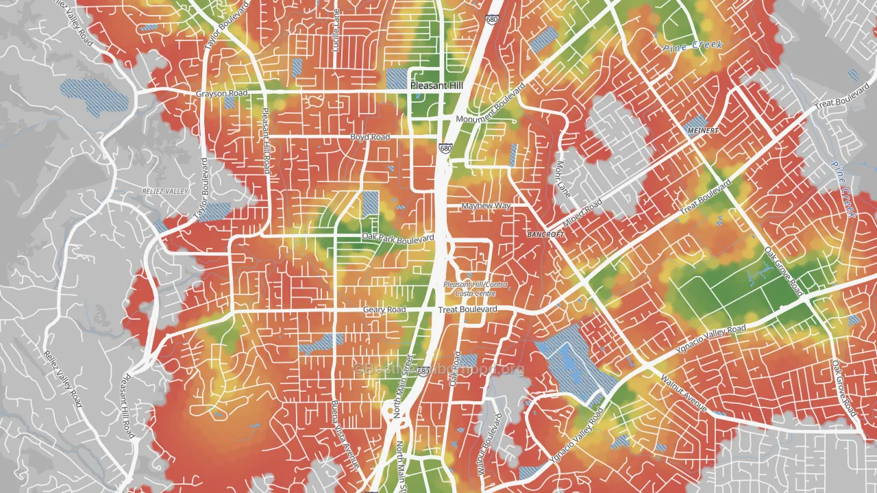 Walk Grade map of Pleasant Valley, Walnut Creek, CA, walkable areas in green and car-dependent areas in red