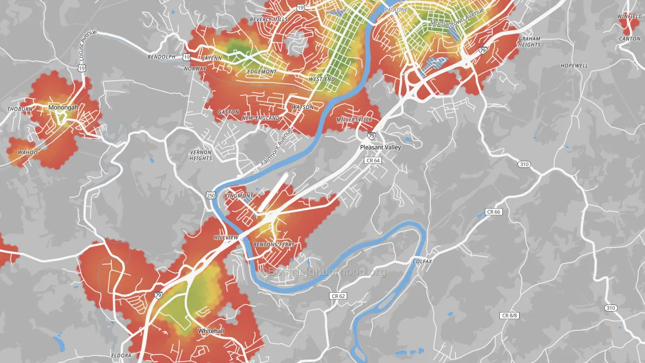 Walk Grade map of Pleasant Valley, WV, walkable areas in green and car-dependent areas in red