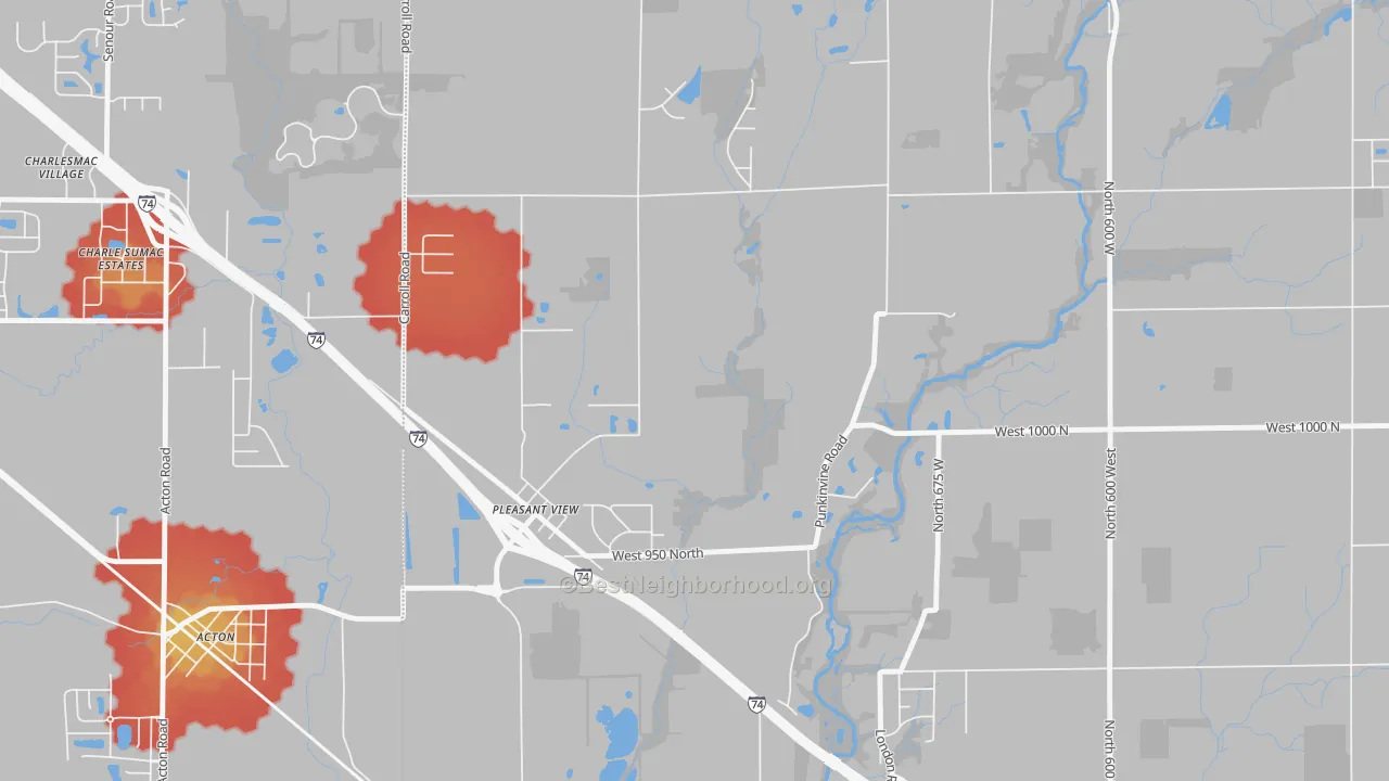 Walk Grade map of Pleasant View, IN, walkable areas in green and car-dependent areas in red